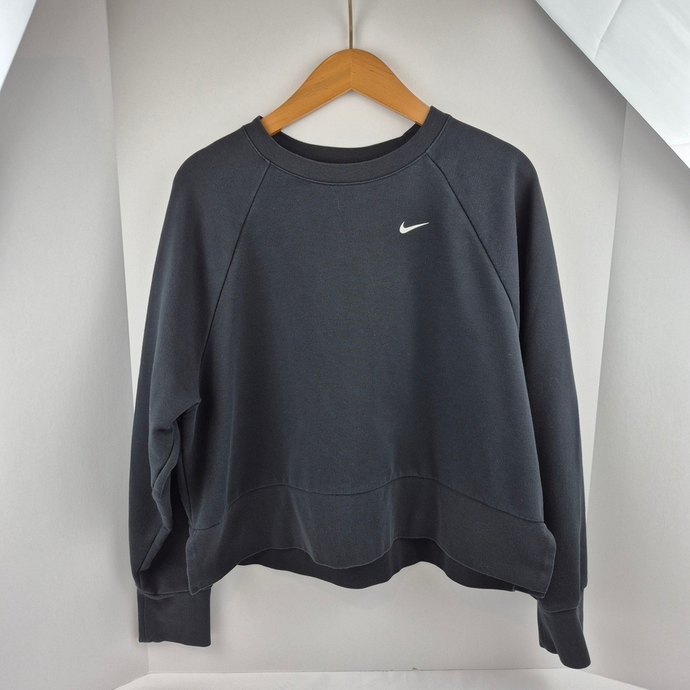 Nike Dri Fit Black Crew Neck Cropped Sweatshirt Pullover Athleisure L Cut-Outs - Picture 2 of 12